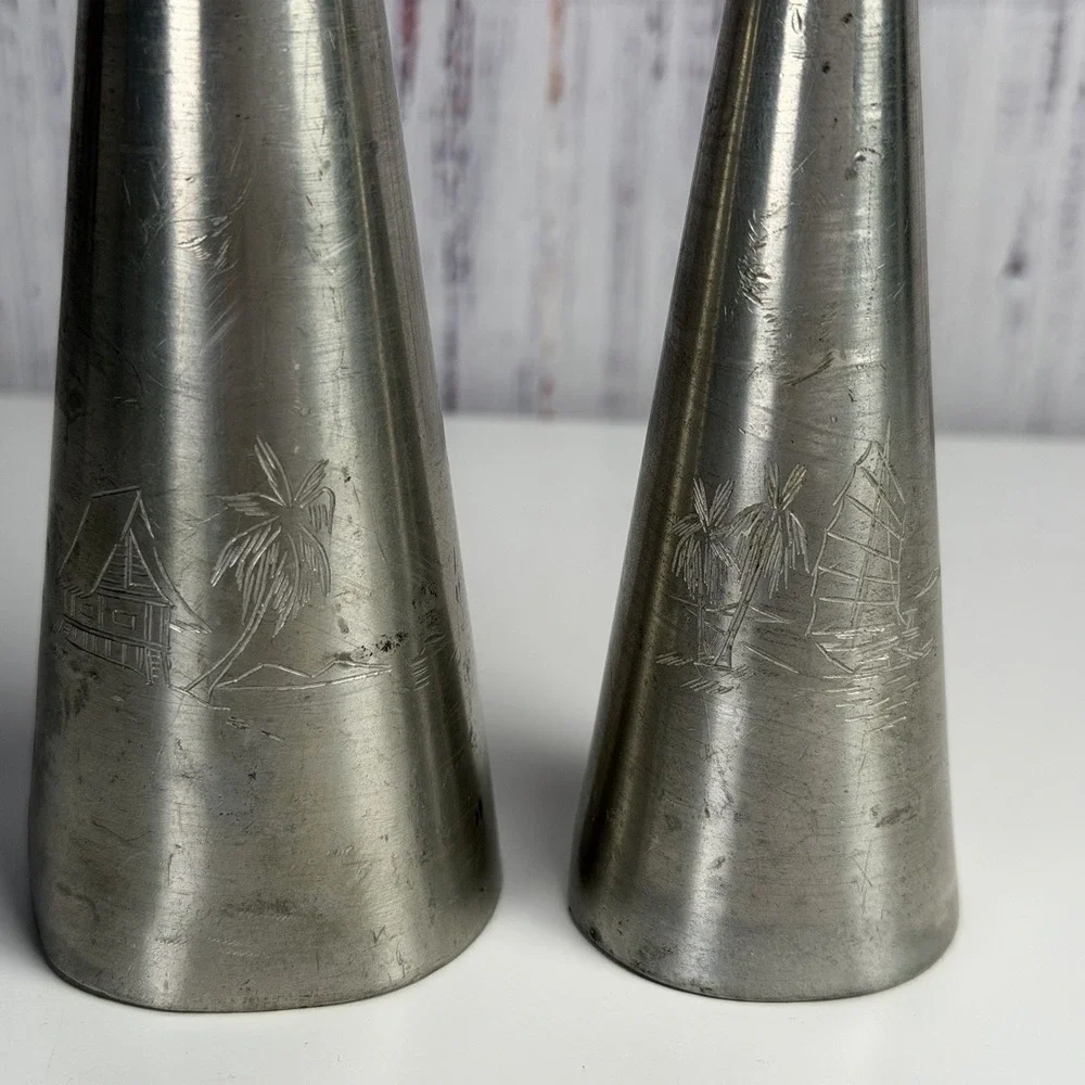 MCM Metal Candle Holders Taper Candlestick Silver Tone Modern Vintage Etched